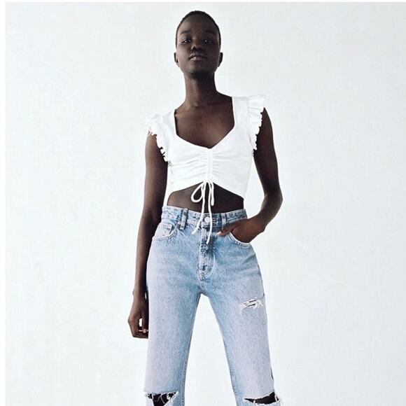 Zara White Ruffle Sleeve Ribbed Knit Ruched Stretch Deep V Crop Blouse Top Sz S - Picture 2 of 9